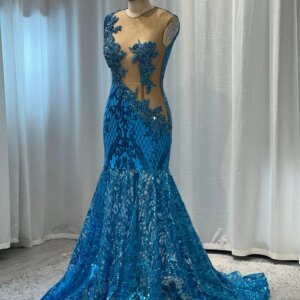 Shiny Lace Peacock Blue Long Prom Dress Luxury Beaded Black Girl Mermaid Slim Fit With Tassels And Diamonds Customizable
