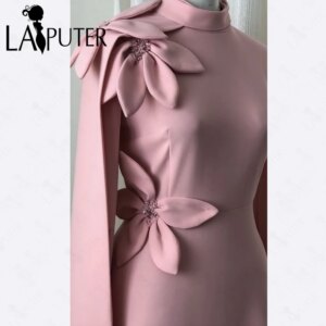Thick Crepe Pink Evening Dresses Middle East Style High Neck Long Sleeves Prom Dress Hand-made Flower Bead Decro Formal Dresses