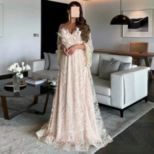 CustomizedElegant Luxury Evening Dress 2024 3/4 Sleeves Organza Straight Off the Shoulder Floor Length Pleats Crystal Feathers S