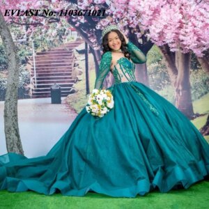 EVLAST Customized Emerald Green Ball Gown Quinceanera Dress Lace Applique Beaded Long Sleeve Sweet 16 Vestidos De 15 Anos SQ194