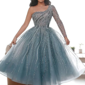 MYMB Stunning One Shoulder A-Line Puffy Evening Gown for Wedding Party Green Dubai Long Sleeve Girls Quinceanera Dresses DJD0512