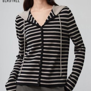 BirdTree, 100%Sheep Wool Hooded Cardigans, Women Machine Washable Striped, Fashion Knit Sweater, 2024 Autumn Winter C48614QC