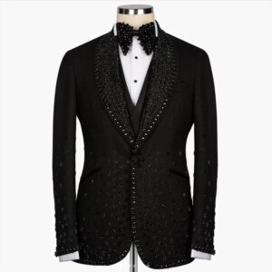 Black Diamond Beaded Groom Wedding Suits Customized Shawl Lapel Prom Blazer Man Formal Occasion Banquet Party Tuxedo Slim Fit