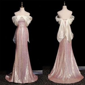 Shinning Pink Off The Shoulder Unique Big Bow Design For Party Women Mermaid Floor Length Prom Gowns