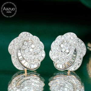 Aazuo 18K White Gold Real Diamonds Luxury Jewerly Set Flower Stud Earrings Gifted For Women Engagement Halo anillos mujer Party