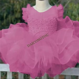 CustomizedPink Angel Flower Girl Dresses Tulle Puffy Pearl Bow Sleeveless For Wedding Kids Birthday Gift Party Banquet First Com