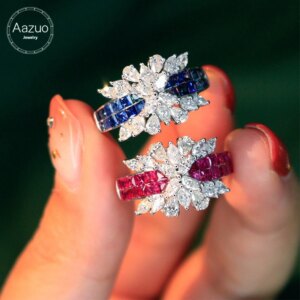 Aazuo 18K Solid White Gold Natrual Ruby Blue Sapphire Real Diamond Flower Ring Gifted For Woman Wedding Day Deluxe Banquet Party
