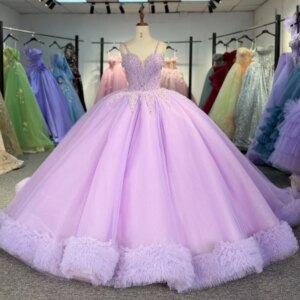 Lilac Shiny Quinceanera Dresses Ball Gown Spaghetti Strap Beading Tull Party Birthday Sweet 16 Vestidos 15 De Anos