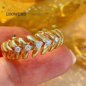 LUOWEND 100% 18K Yellow Gold Rings Fashion Fishbone Shape Personalized Style Open Ring for Women Luxury Party Jewelry