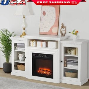 Fireplace TV Stand with 3-D Electric Flame Highboy Entertainment Center 65/75 inch TVs Adjustable Brightness Storage Option