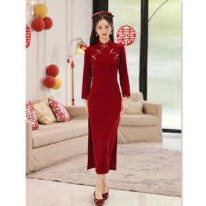 Girl Bride Wedding Red Dress Long Nine-Quarter Sleeve Cheongsam Qi Pao Autumn and Winter New Fashion Improvement Toast