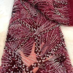 Wine Red African Heavy Beaded Lace Fabric 2024 High Quality 5 Yards Nigerian Sequins Groom Lace Material For Wedding Party Dress