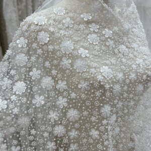 Simple Three-Dimensional Small Flowers Sequins Beads Pearl Lace Embroidery Fabric Wedding Dress Lace Fabrics