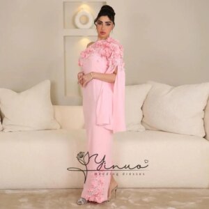Saudi Arab Prom Dress Long Sleeves 3D Flowers Crystal Beading Slit Mermaid Party Gown for Weddings Pink Evening Dresses