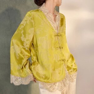New Chinese style Guofeng heavy industry lace satin thin coat light luxury rayon temperament blouse