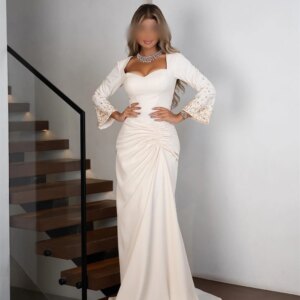 Customized High Quality White Jersey Evening Dress Temperament Crystal Square Collar Long Sleeves Sweep Train Vestido