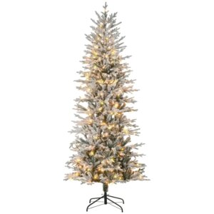 HOMCOM 7.5ft Tall Prelit Artificial Christmas Tree Holiday Dr with 850 Snow Flocked Branches 350 Warm Yellow Clear Lights Auto