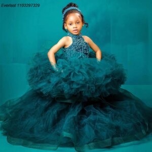 EVLAS Customized Dark Green Pearls Flower Girl Dress Tulle Beaded Little Girl Pageant Birthday Christening Party Gowns TFD137