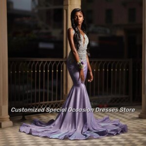 Sexy Sheer Neck Purple Sequin Prom Dresses Black Girls Mermaid Glitter Crystals Beaded Party Gowns Women Luxury Customized