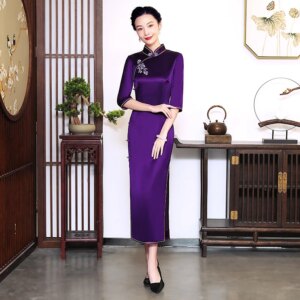 High Quality Real Silk Cheongsam Qipao Spring and Autumn New Retro Modified Chinese Style Dress Daily Banquet Long