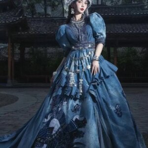 Chinese Traditional Gao Ding Miao Blue Dress Stage Costume Retro Girl’s Heavy Work Tail Travel Photography Clothing
