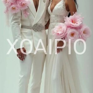 White Men Suit Set 2 Piece Blazer+Pants Trousers 3D Flower Beaded Wedding Tuxedo Groom Prom Coat Customized Formal Office Jacket