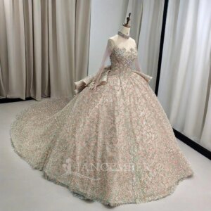 Hot Long Sleeves Sequins Ball Gown Quinceanera Dresses Glitter Crystal Beading High Neck Customized Vestidos De XV Anos DY1206