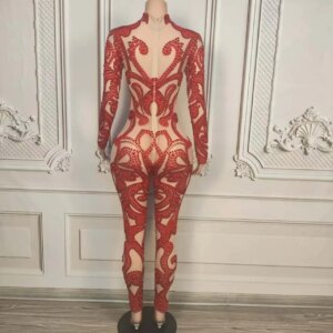 Sexy Red Pearls Jumpsuit Women Fashion Tight Fitting Jumpsuit Night Club Party Performance Outfit Birthday Event Outfit