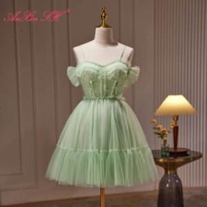 AnXin SH princess flower green lace spaghetti strap beading pearls ruffles bow short customized evening dress little white dress