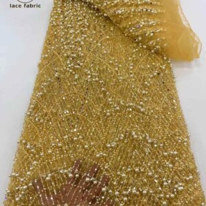 2025 High Quality Beaded Lace Fabrics for Wedding Fabric Material Bridal Lace Sequins Luxury African Beads Lace Fabric 5 Yards