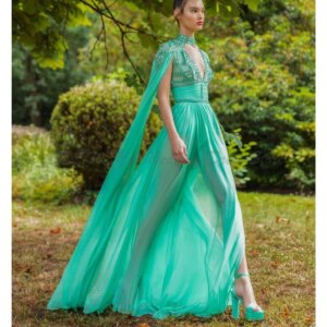 Green Evening Dresses Women High Neck Floor Length A Line Perspective High Quality Alliques Sleeveless Banquet Party Girl Gowns