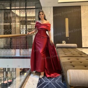 Simple Red Evening Dresses Mermaid Women’s Off Shoulder Prom Gowns 2 In 1 Satin Party Vestidos De Fiesta Customized فساتين سهرة