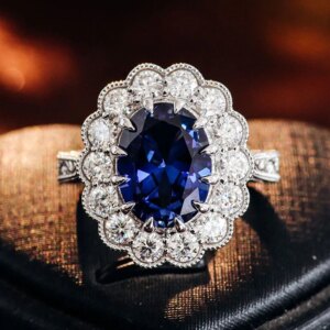 Provence 18K/14K/10K Solid Gold Oval Cut Lab Grown Royal Blue With DEF VVS Moissanites Flower Milgrain Engagement Ring For Woman
