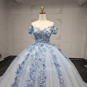 Customized Sky Blue Lace Princess Quinceanera Dress Ball Gown Fashion Blue Off Shoulder Puffy Evening Party Dress Lsany05