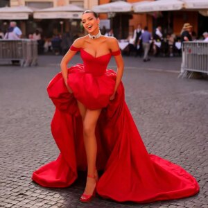 Elegant Red High Low Evening Dresses 2024 Off the Shoulder Prom Gown Satin for Formal Wedding Party Dress Vestidos de Novia