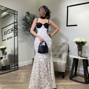 YSF Customized Vestidos De Fiesta Black and White Spaghetti Strap Beaded Crystals Mermaid Lace Evening Dress