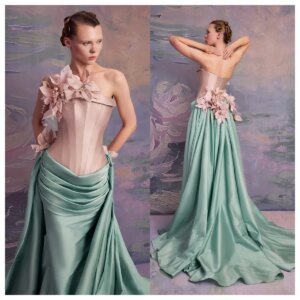 Customized Delicate Green Satin Evening Dress Strapless Sleeveless Homecoming Dress Bespoke Occasion Gowns Flowers Hi