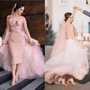 Newest Handmade Pink Wedding Dresses with 3D Flowers Boat Neck Half Sleeve Tea-Length Bridal Gown with Tulle Detachable Train