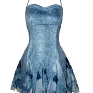 New European and American Sexy Hot Girl Denim Printing Stitching Net Falbala Stretch Dress