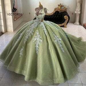 Fresh Sage Green Sweet 16 Quinceanera Dresses One Shoulder Beads Lace Applique Princess Ball Gown vestidos de 15 años Customized
