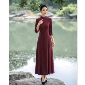Pearl Cotton Long Cheongsam Qi Pao Large Swing Skirt Winter New Fashion Improvement Chinese Style Mid-Sleeve