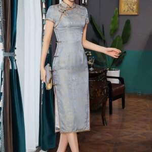 New Vintage National Style Eight Button Long Cheongsam Qipao Women’s Dress Improved Party High Quality Real Silk Jacquard