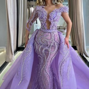 Gorgeous Lilac Deep V Neck Evening Dresses Heavy Handmade Beaded Mermaid Wedding Party Gowns Luxury Vestidos De Gala Customized