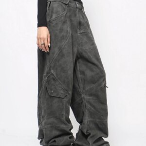 Heavy Distressed High Street Deconstruction Profile Retro Faded Overalls Men’s American Functional Wide-Leg Pants Fashion