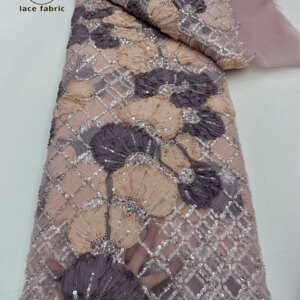 French Nigerian Net Sequins Lace Fabrics 2025 High Quality 5 Yards Beaded African Mesh Sequins Laces For Women Dresses Sewing