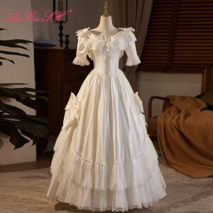AnXin SH princess white satin v neck ruffles flower lace short sleeve big bow ball gown lace up customized evening dress