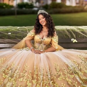 Champagne Mexican Quinceanera Dressess with Cape Luxury Butterfly Tull Sweet 16 vestido 15 quinceañeras Corset Prom Lace Up