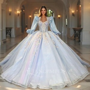 Customized Blue Ball Gown Quinnceanera Dresses Beading Long Sleeves Appliques Prom Party Dress Vestido De 15 Quinceañera DY1333