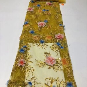 African 3D Flower Lace Fabric 5 Yards 2025 High Quality With Sequins Embroidered French Nigerian Beads Lace Fabric For Wedding