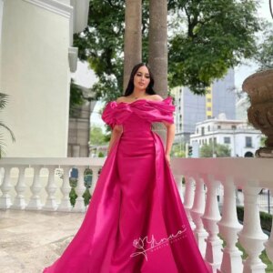 customized Fuchsia Satin Evening Dresses Off Shoulder Mermaid Detachable Train Draped Party Dress 2025 Formal Prom Gowns